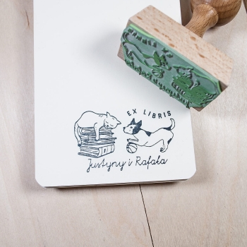 Ex Libris pieczątka do książek - pies z kotem