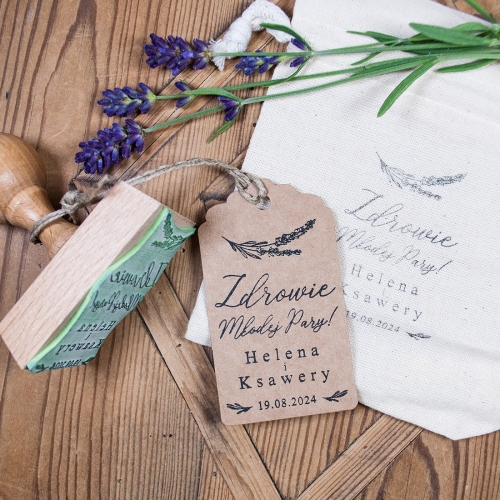 Stempel ślubny z tekstem Na zdrowie, lawenda