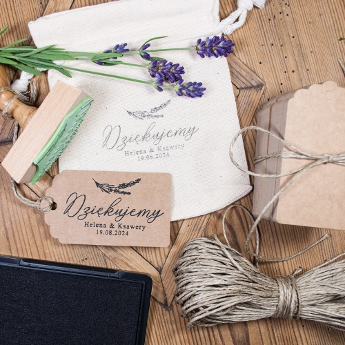 Stempel ślubny z motywem lawendy i zawieszki weselne - zestaw do podziękowań