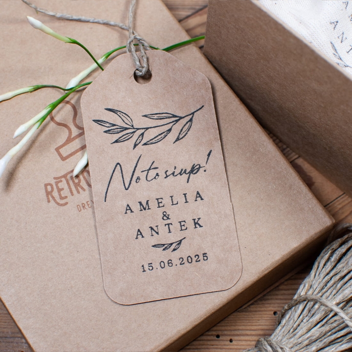 Stempel ślubny "No to siup!" w zestawie z papierowymi zawieszkami