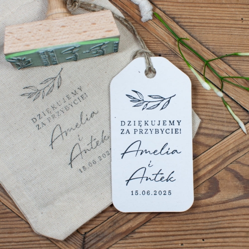 Stempel ślubny z napisem " Dziękujemy za przybycie"