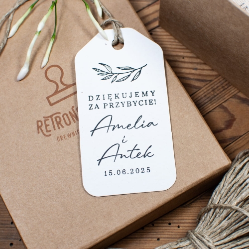 Pieczątka ślubna "Dziękujemy za przybycie!" w zestawie z papierowymi przywieszkami