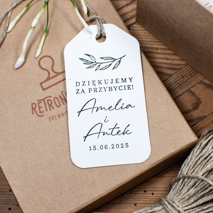 Pieczątka ślubna "Dziękujemy za przybycie!" w zestawie z papierowymi przywieszkami
