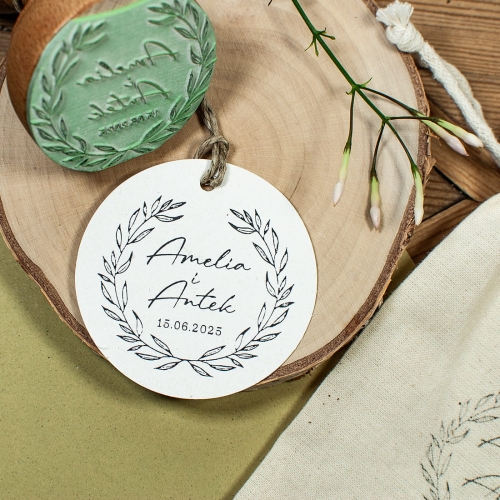 Stempel ślubny otwarty wianek - personalizowany imionami i datą