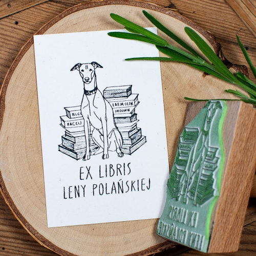 Ex Libris pieczątka z motywem charta z książkami