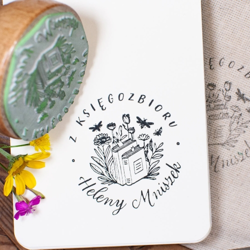 Stempel ex libris z motywem kwiatów - pieczątka do książek