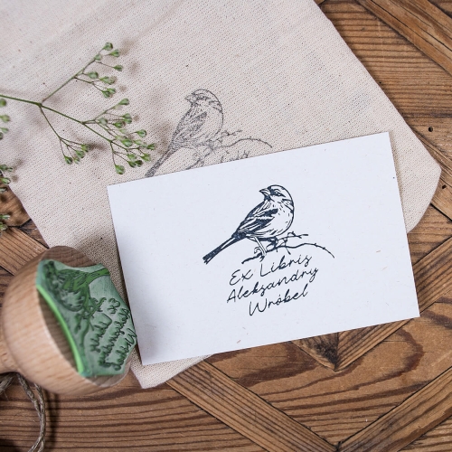 ExLibris pieczątka z motywem wróbla na gałęzi