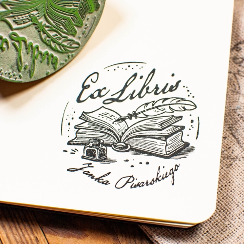 Pieczątka ex libris z motywem pióra i kałamarza