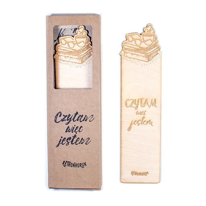 Zakładka do książki  z motywem filiżanki, okularów i ksiażek