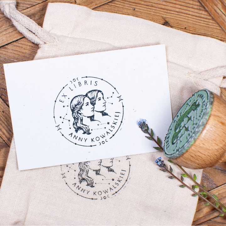Drewniany stempel do książek z motywem Bliźniąt - znak zodiaku