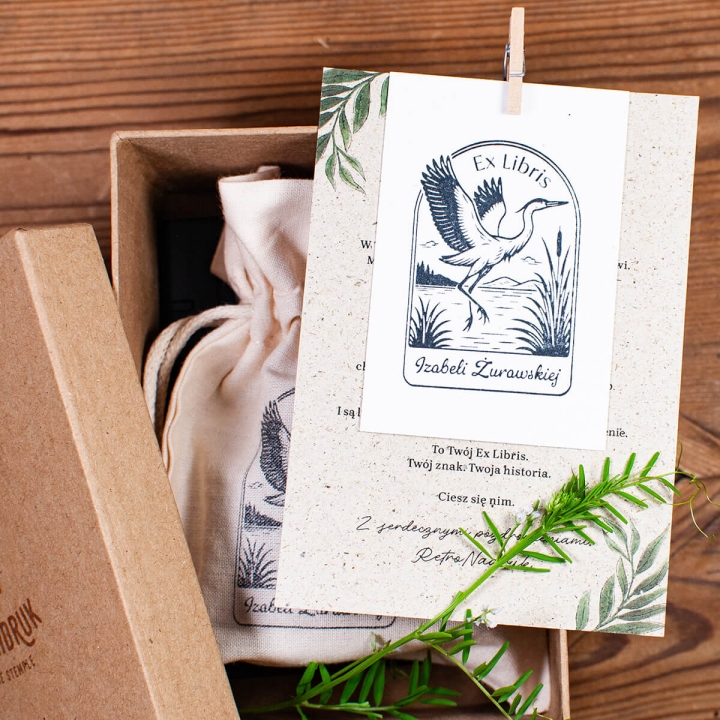 Zestaw prezentowy Ex Libris z żurawiem - pudełko, woreczek i karta