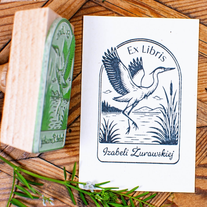 Personalizowana pieczątka Ex Libris z żurawiem - odbicie