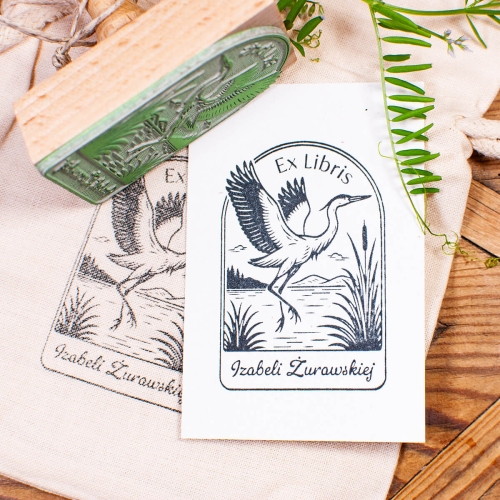 Odbicie pieczątki Ex Libris z żurawiem - woreczek i stempel