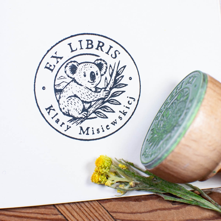 Stempel Ex Libris z motywem koali – drewniana pieczątka do książek z personalizacją