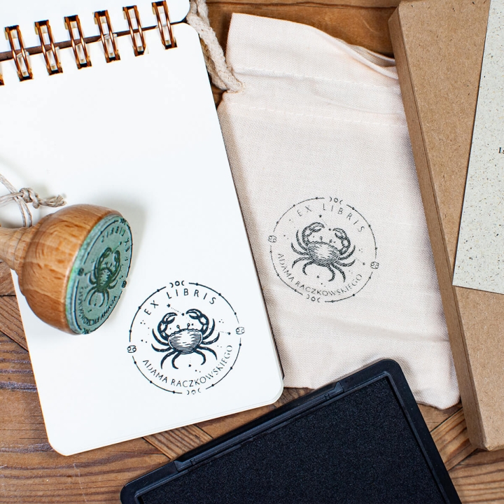Retro zestaw Ex Libris z motywem Raka i imieniem.