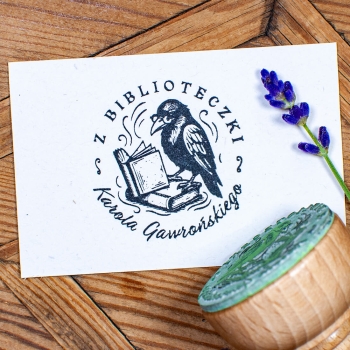 Drewniany stempel Ex Libris z motywem kruka