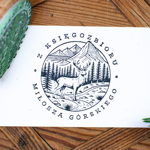 stempel ex libris z motywem jelenia w górach