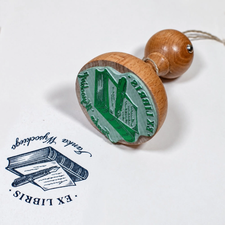 Drewniany stempel Ex Libris z motywem książki, kartki i pióra wiecznego
